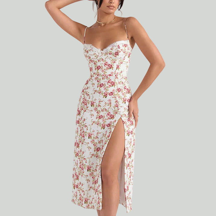 Lace Flowers Print Long Dress Sexy Fashion Slit Suspender Dress Summer Womens Clothing