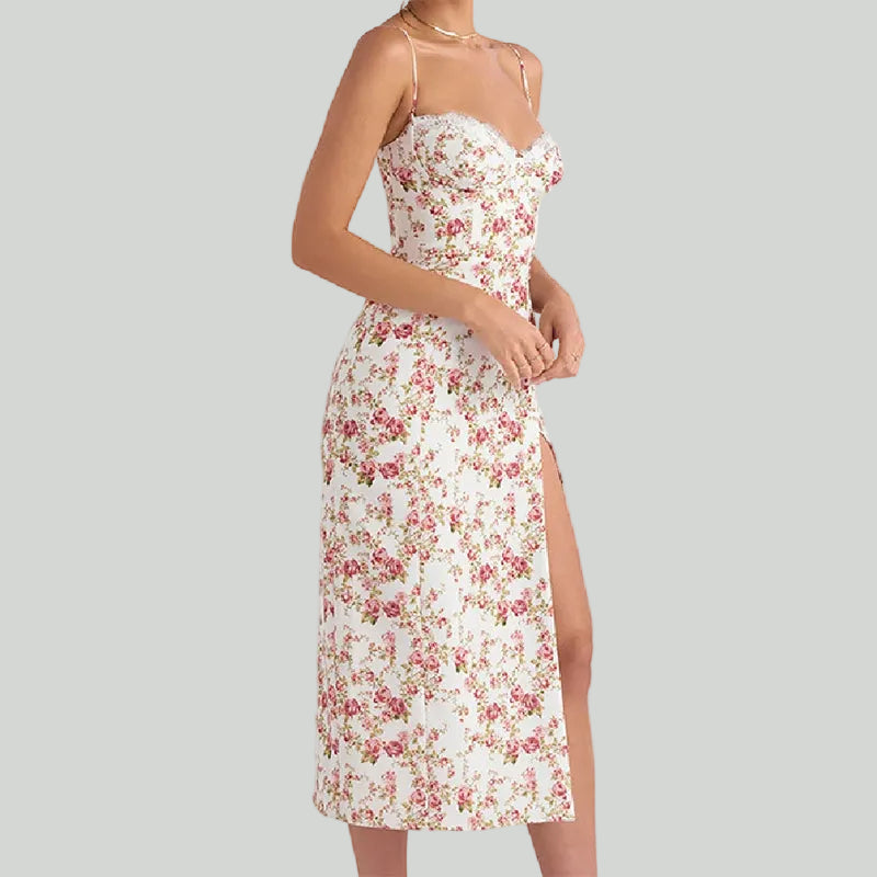 Lace Flowers Print Long Dress Sexy Fashion Slit Suspender Dress Summer Womens Clothing