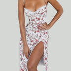 Lace Flowers Print Long Dress Sexy Fashion Slit Suspender Dress Summer Womens Clothing