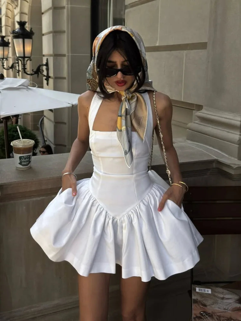 Frill Mini Halter Dress for Women Splice Sexy Backless A-Line Hem Lace up High Waisted Female Beach Black Bodycon Dress