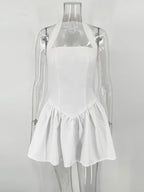 Frill Mini Halter Dress for Women Splice Sexy Backless A-Line Hem Lace up High Waisted Female Beach Black Bodycon Dress